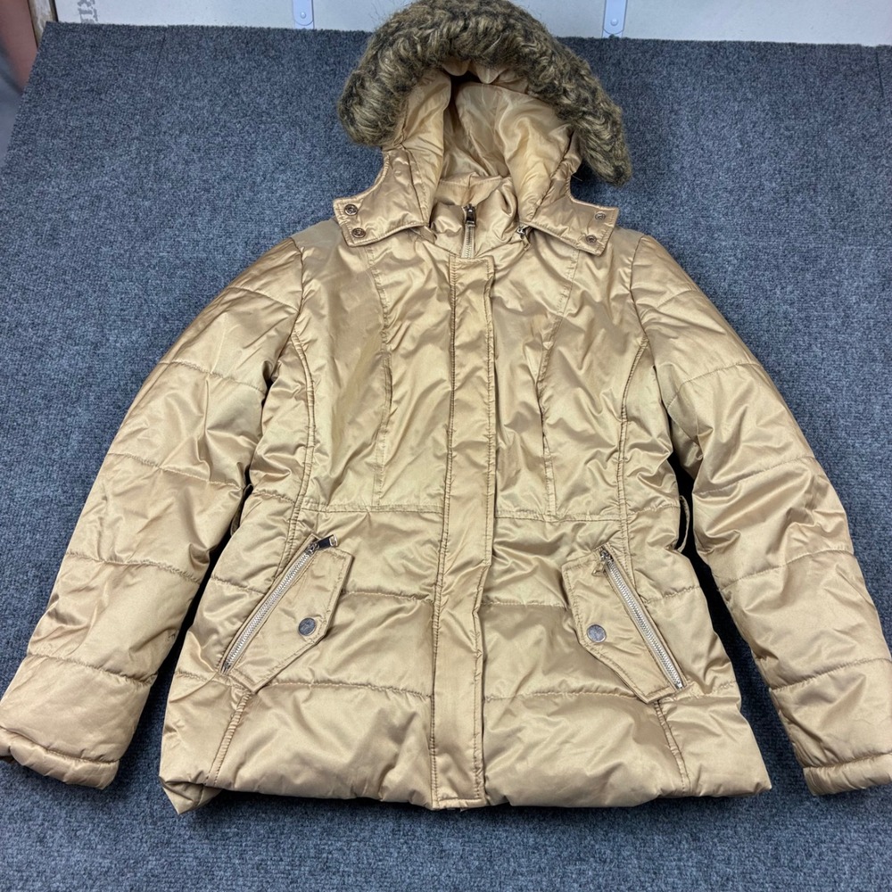 New York & Company Puffer Jacket Faux Fur Trim Hooded Quilted Coat Size Medium